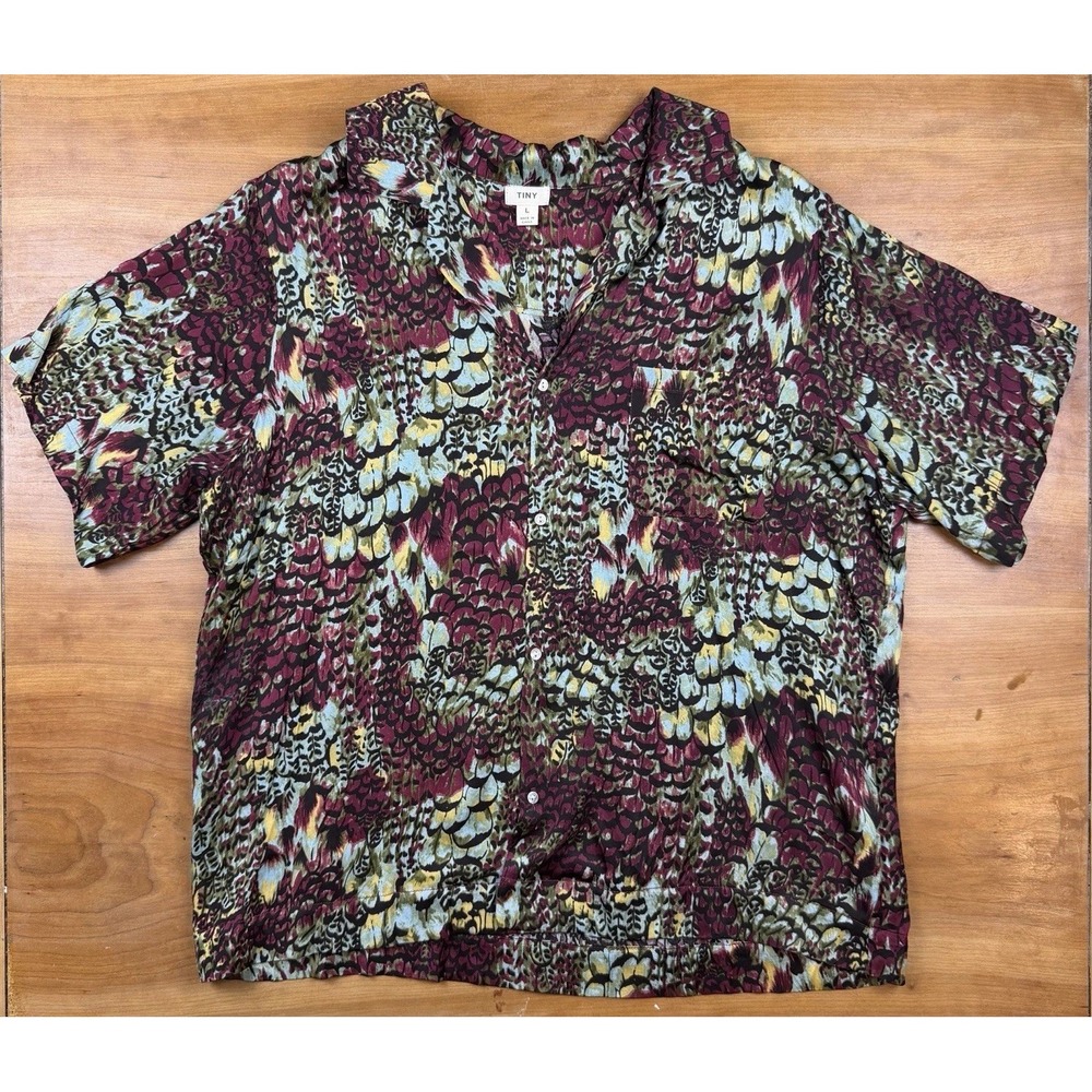 Anthropologie TINY Savannah Feather Print Button Up Viscose Rayon Blouse Top L